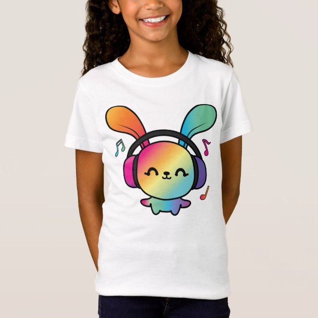 Camiseta Feliz Conejo con auriculares escuchando música. (Anverso)