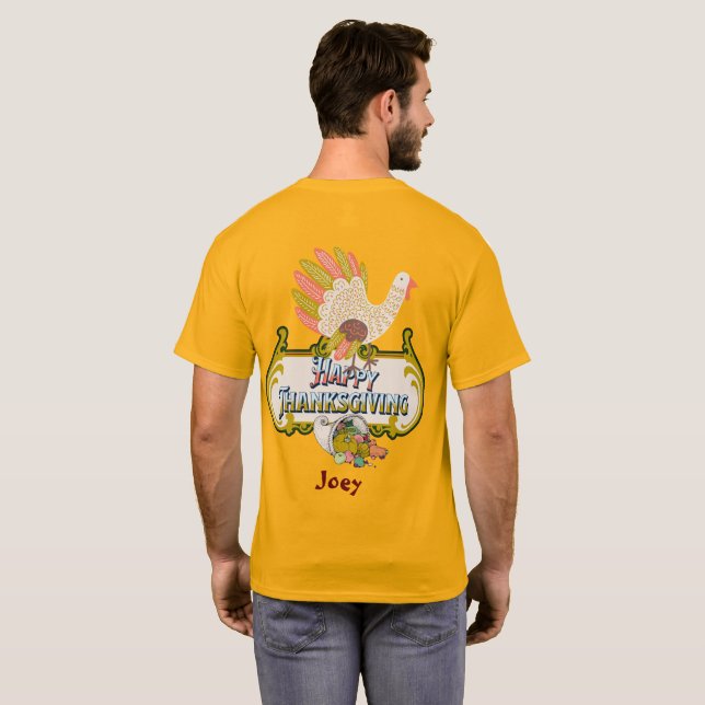 Camiseta Feliz conjunto de acción de gracias nombre persona (Reverso completo)