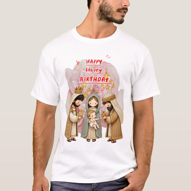Camiseta Feliz cumpleaños, bebé Jesús recibiendo regalos (Anverso)