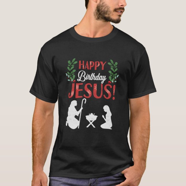 Camiseta Feliz cumpleaños Jesús Navidades Manger Cristiano (Anverso)