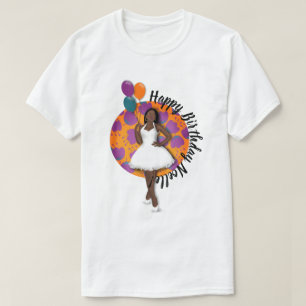 Camiseta ¡Feliz cumpleaños! Mujer negra, globos y flores