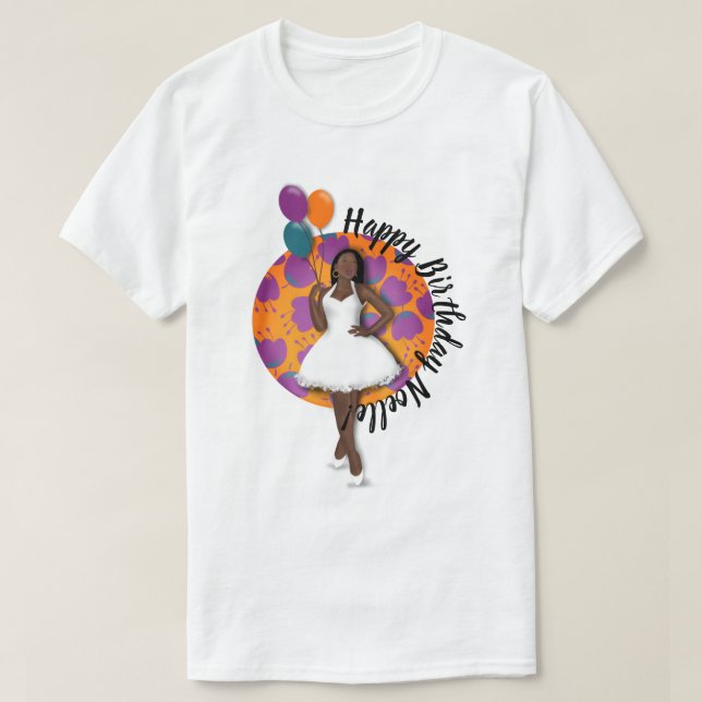 Camiseta ¡Feliz cumpleaños! Mujer negra, globos y flores (Diseño del anverso)