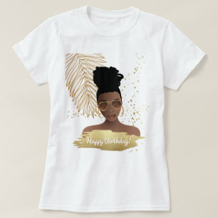 Camiseta Feliz cumpleaños, mujer negra, hoja tropical de o