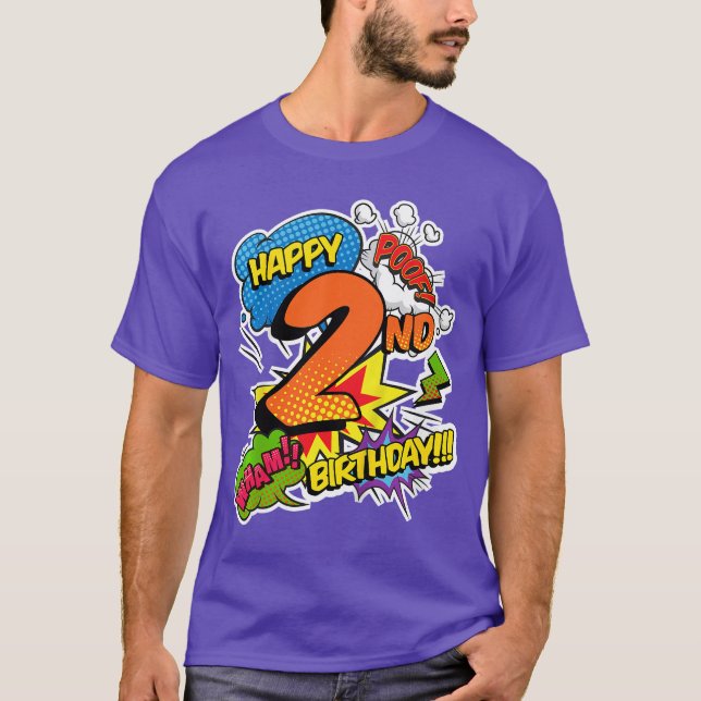 Camiseta Feliz cumpleaños número 2 niños estilo cómic super (Anverso)