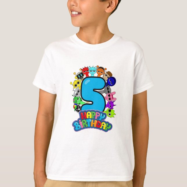 Camiseta Feliz cumpleaños número 5 Sprunki - Simon Funbot O (Anverso)