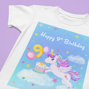 Camiseta Feliz cumpleaños número 9 Unicornio con pastel de