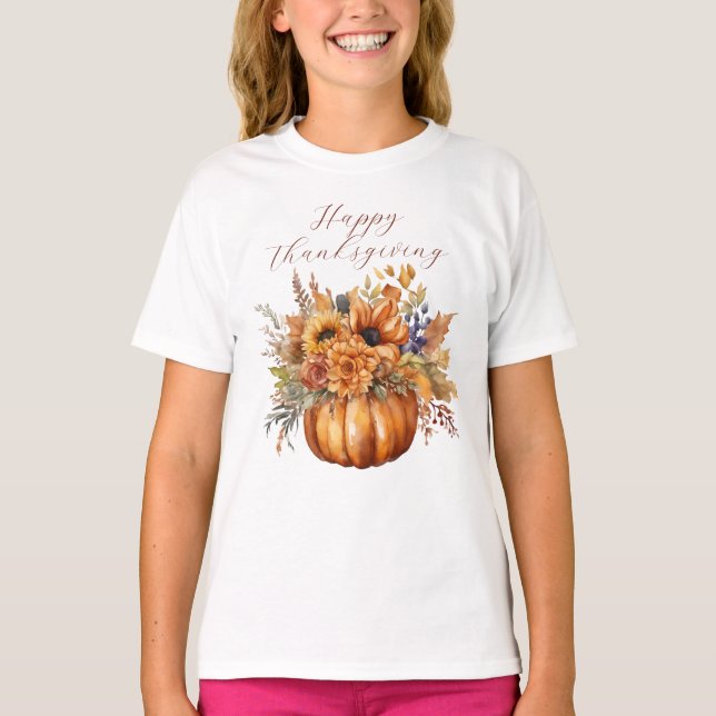 Camiseta Feliz Día de Acción de Gracias-Calabaza y Flores- (Anverso)