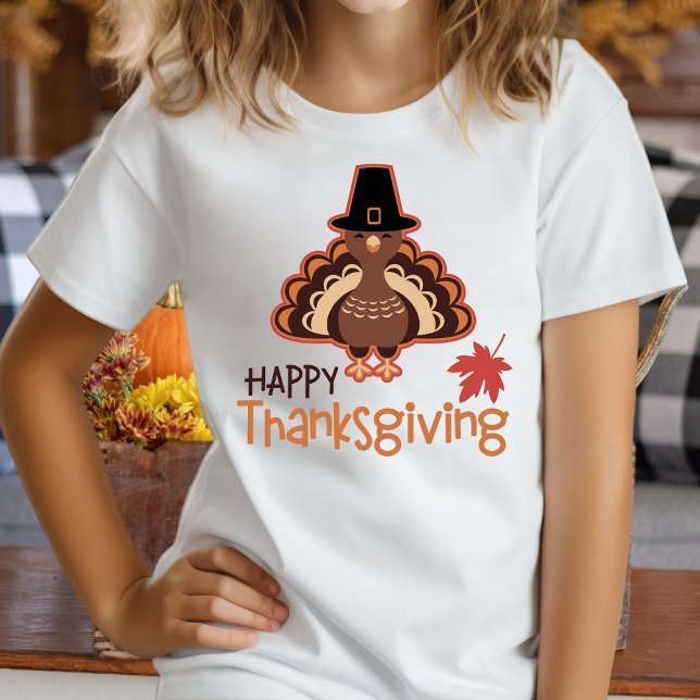 Camiseta Feliz Día de Acción de Gracias Peregrina Turquía (Happy Thanksgiving Cute Pilgrim Turkey T-Shirt)