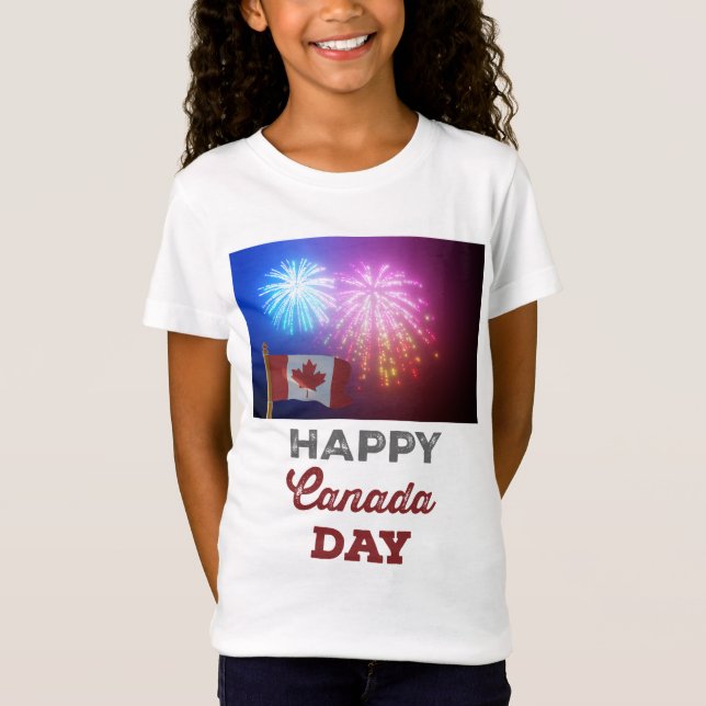 Camiseta Feliz Día de Canadá, bandera y fuegos artificiales (Anverso)