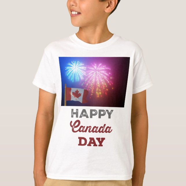 Camiseta Feliz Día de Canadá, bandera y fuegos artificiales (Anverso)