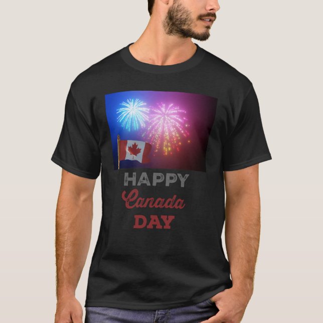 Camiseta Feliz Día de Canadá, bandera y fuegos artificiales (Anverso)