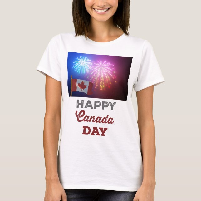 Camiseta Feliz Día de Canadá, bandera y fuegos artificiales (Anverso)