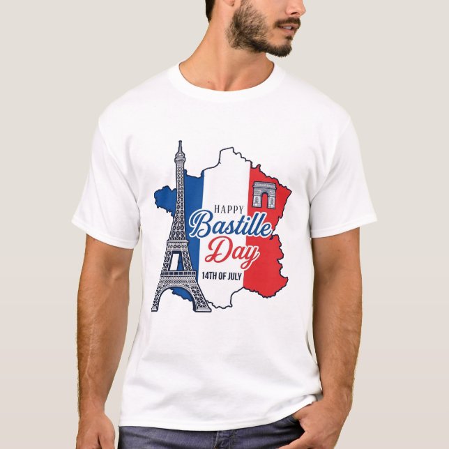 Camiseta Feliz Día de la Bastilla Francia Mapa Torre Eiffel (Anverso)