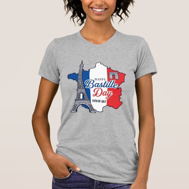 Camiseta Feliz Día de la Bastilla Francia Mapa Torre Eiffel (Anverso)
