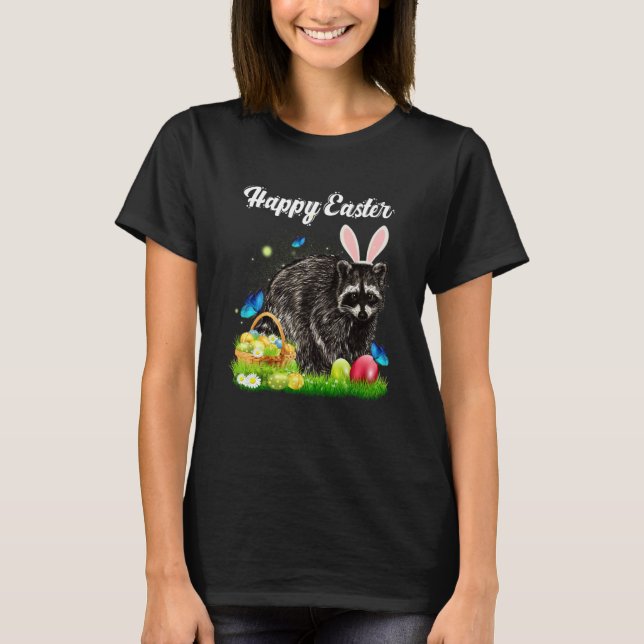 Camiseta Feliz Día de Pascua Bunny Raccoon Cesta de huevos  (Anverso)