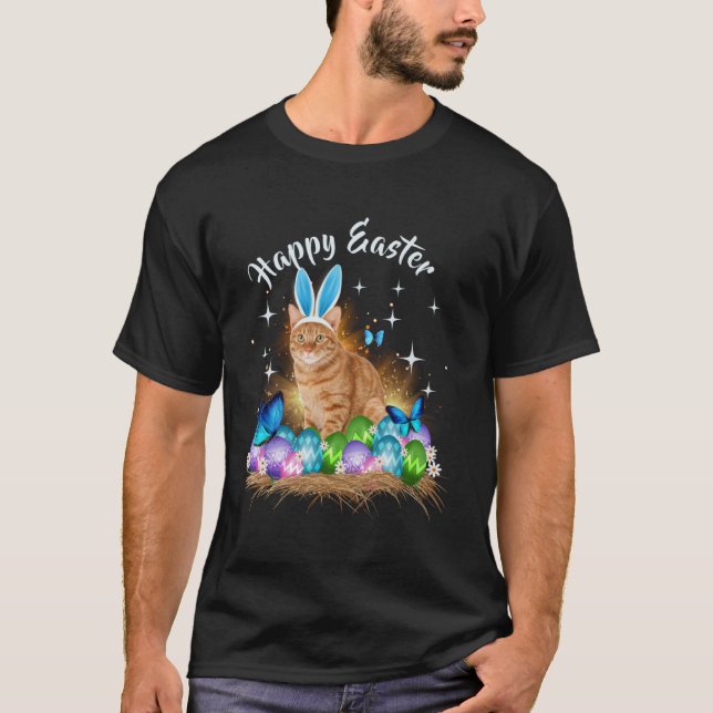 Camiseta Feliz Día de Pascua Conejito Gato Huevos Cesta Hom (Anverso)