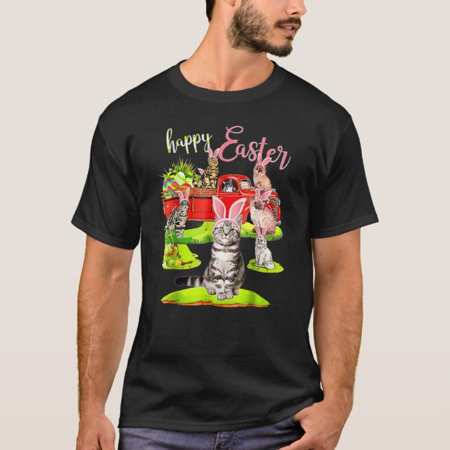 Camiseta Feliz Día de Pascua, lindo gato montando camioneta (Anverso)