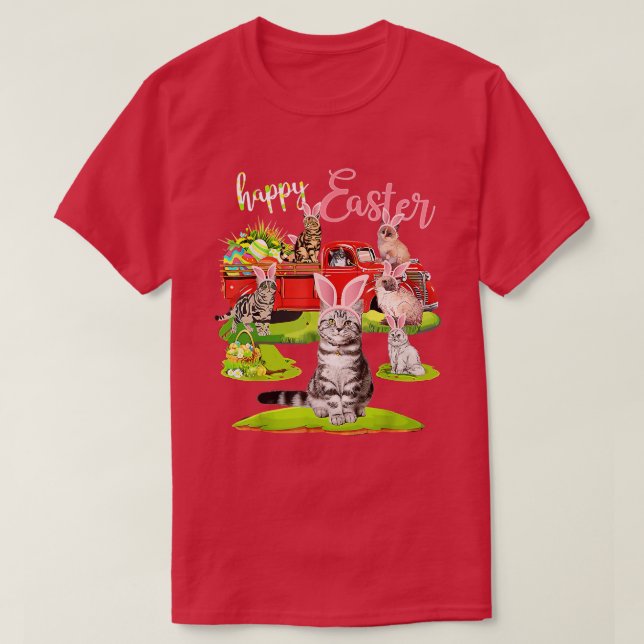 Camiseta Feliz Día de Pascua, lindo gato montando camioneta (Diseño del anverso)