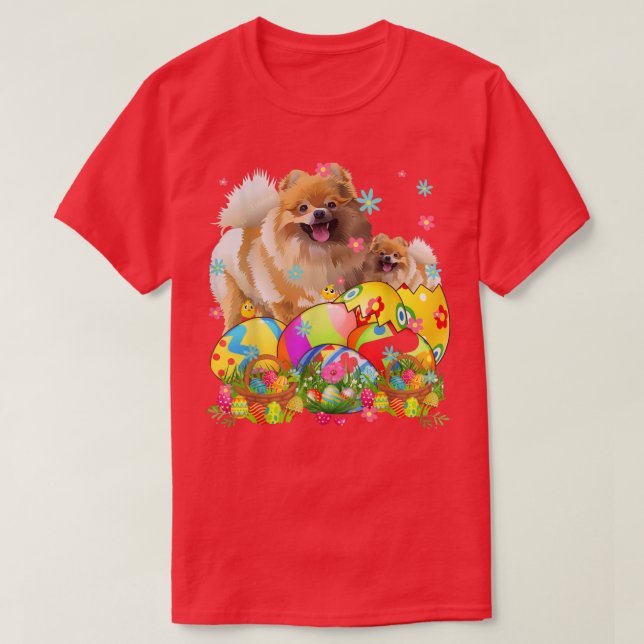 Camiseta Feliz Día De Pascua Pomerania Con Huevos De Pascua (Diseño del anverso)