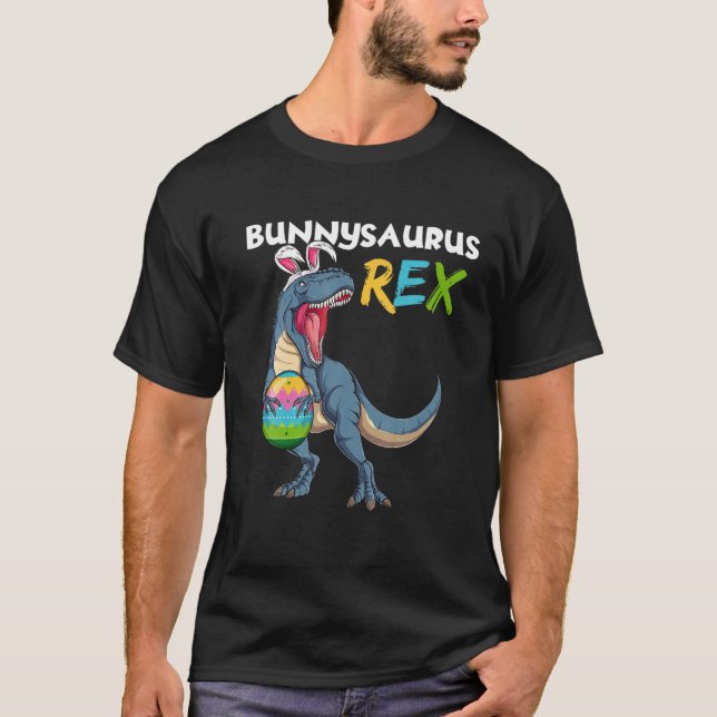 Camiseta Feliz Día de Pascua Rex Dinosaur Easter Bunny Egg  (Anverso)
