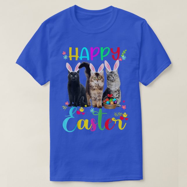 Camiseta Feliz Día de Pascua Tres Gatos Con Máscara De Orej (Diseño del anverso)