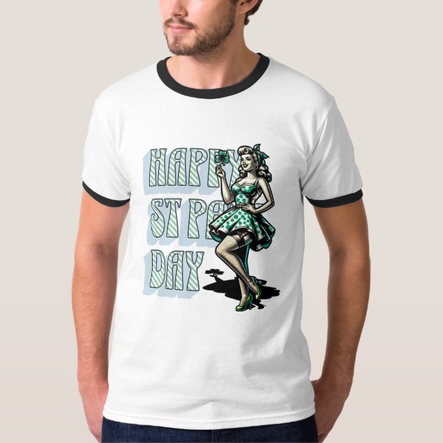 Camiseta Feliz Día de San Patricio Chica Pinup con Shamrock (Anverso)
