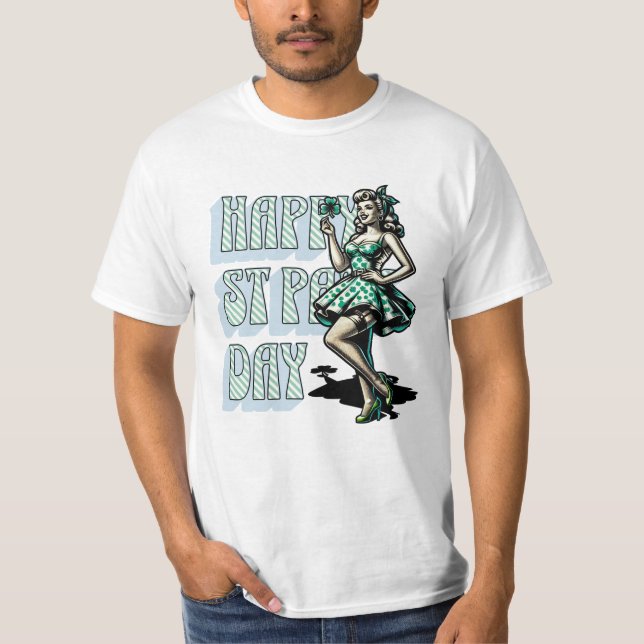 Camiseta Feliz Día de San Patricio Chica Pinup con Shamrock (Anverso)
