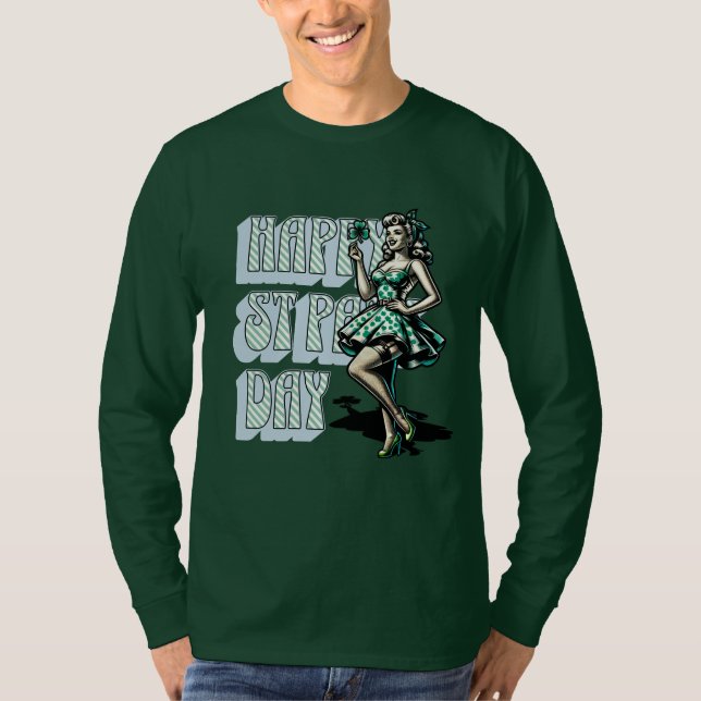 Camiseta Feliz Día de San Patricio Chica Pinup con Shamrock (Anverso)