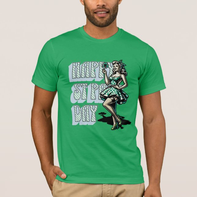 Camiseta Feliz Día de San Patricio Chica Pinup con Shamrock (Anverso)