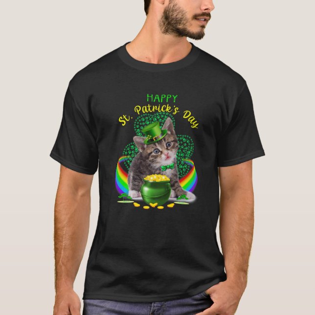 Camiseta Feliz Día de San Patrón Kitten Leprechaun Gorra Sh (Anverso)