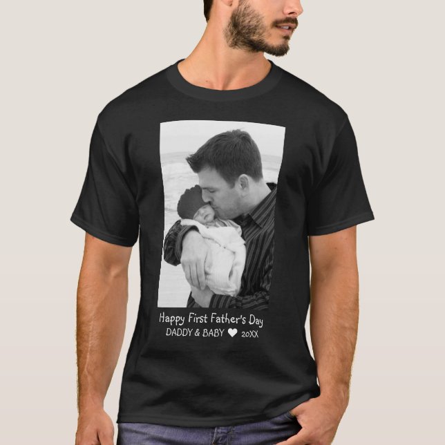 Camiseta Feliz Día del Padre Nuevo Papá Foto De Bebé Negro (Anverso)