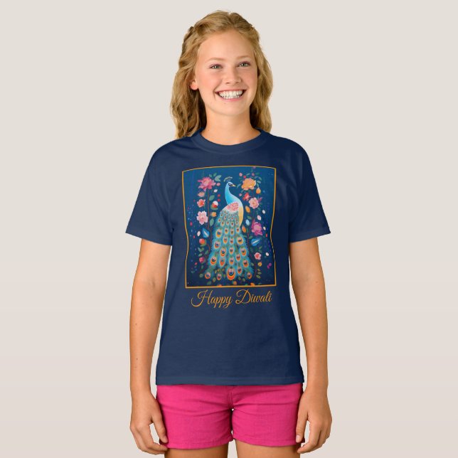 Camiseta Feliz Diwali Peacock y Flores (Anverso completo)