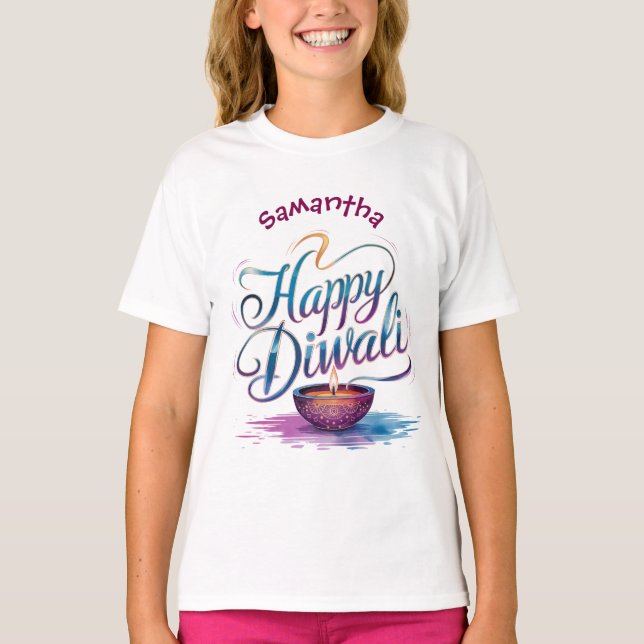 Camiseta Feliz Diwali personalizable blanco  (Anverso)