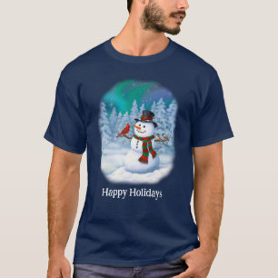 Camiseta Feliz escena invernal de muñeco de nieve y pájaros