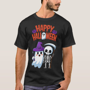 Camiseta Feliz Fantasma de Halloween y Skeleton