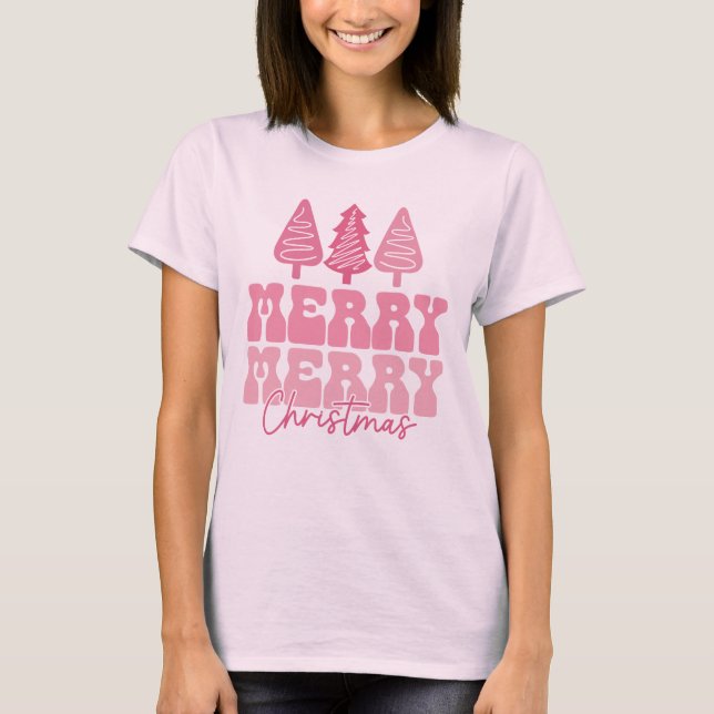 Camiseta Feliz Feliz Navidad - Diseño de vacaciones rosas (Anverso)
