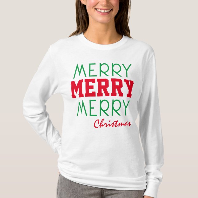 CAMISETA FELIZ FELIZ NAVIDAD TIPOGRAFÍA ROJA VERDE (Anverso)
