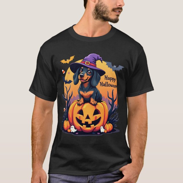 Camiseta Feliz fiesta de Halloween a Dachshund en un Gorra  (Anverso)