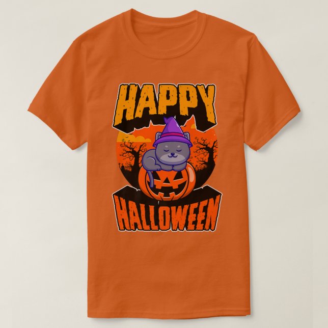 Camiseta Feliz Fiesta de Halloween, aplastar a Kawaii Witch (Diseño del anverso)