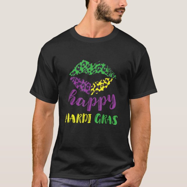 Camiseta Feliz Fiesta Mardi Gras Lips Carnaval de Leopardo  (Anverso)