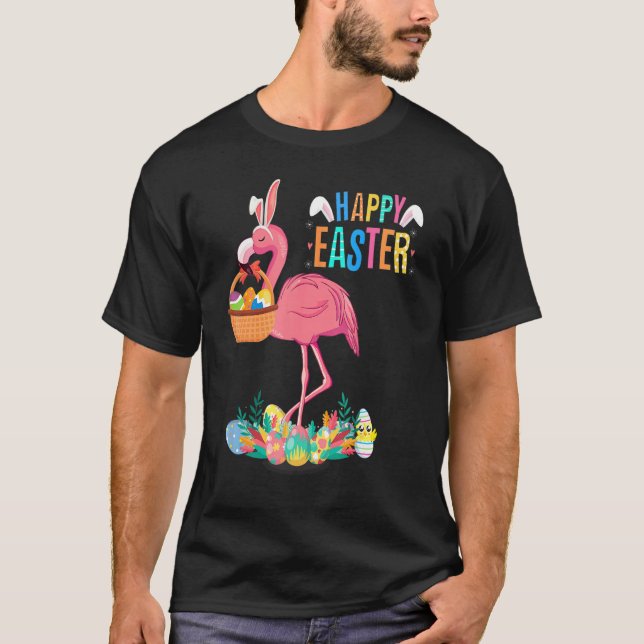 Camiseta Feliz Flamingo De Conejo De Pascua Con Cesta De Hu (Anverso)