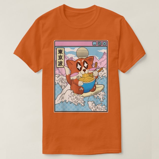 Camiseta Feliz Fox comiendo Ramen Surfing Japonés Wave Anim (Diseño del anverso)