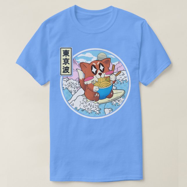 Camiseta Feliz Fox comiendo Ramen Surfing Japonés Wave Anim (Diseño del anverso)