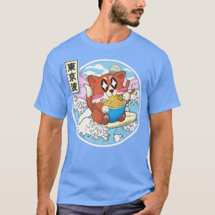 Camiseta Feliz Fox comiendo Ramen Surfing Japonés Wave Anim