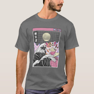 Camiseta Feliz Gato Comer Ramen Surfing Kanagawa Wave Anime