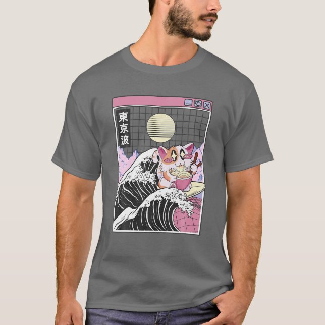 Camiseta Feliz Gato Comer Ramen Surfing Kanagawa Wave Anime (Anverso)