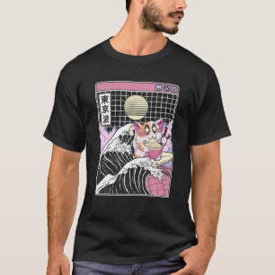 Camiseta Feliz Gato Comer Ramen Surfing Kanagawa Wave Anime