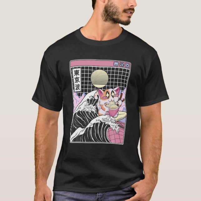 Camiseta Feliz Gato Comer Ramen Surfing Kanagawa Wave Anime (Anverso)