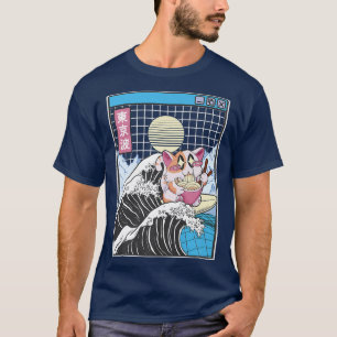 Camiseta Feliz Gato Comer Ramen Surfing Kanagawa Wave Anime