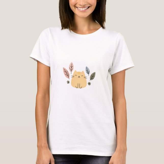Camiseta Feliz gato con hojas pasteles (Anverso)